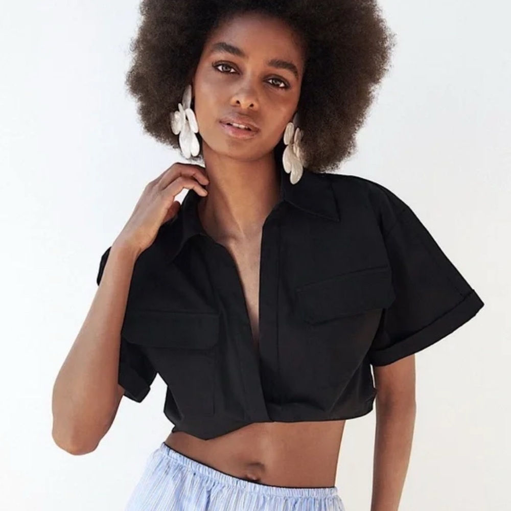 Zara Black Poplin Utility Safari Crop Top W/ Knot short sleeve size S - Picture 1 of 13